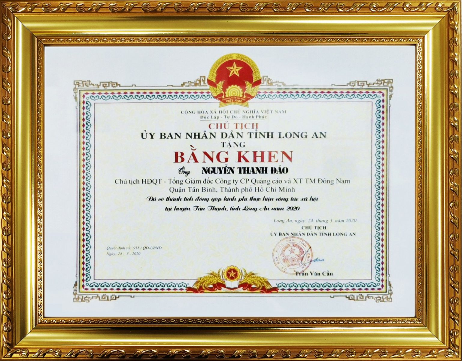 Bằng khen của Ủy ban nhân dân tỉnh Long An 